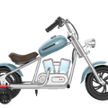 Blue eMOTO Hyper Gogo Challenger 12 Plus electric bike with training wheels, shown in side view, featuring app connectivity