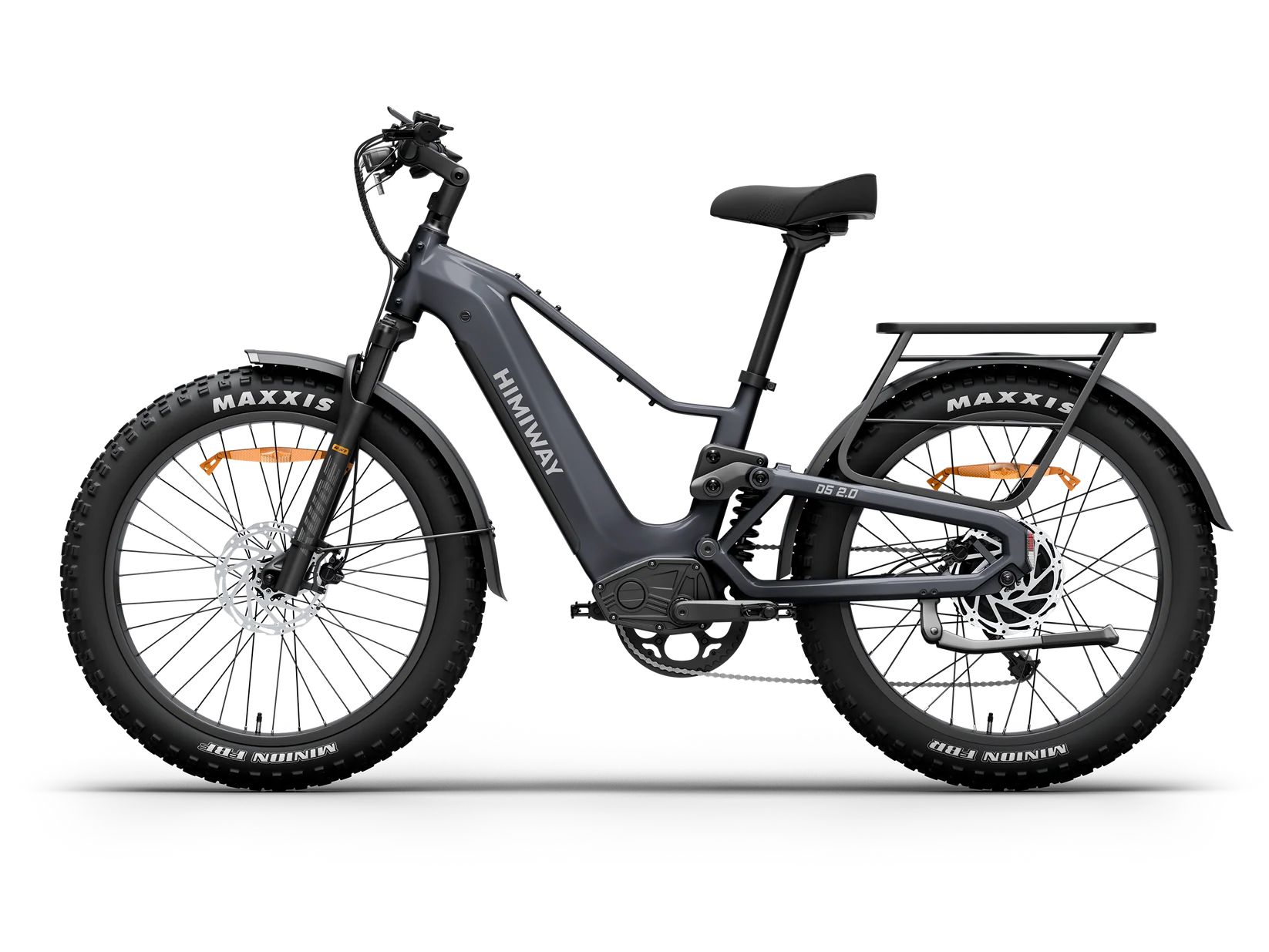 Side view of the Himiway D5 2.0 eBike in space grey, showcasing its sturdy frame, thick tires, and integrated battery against a plain background.