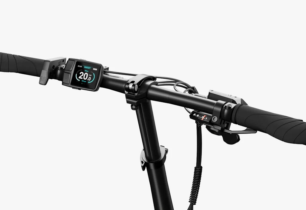 Urtopia Carbon Fold Step Thru eBike in Glacier Blue, side view, folded for compact storage