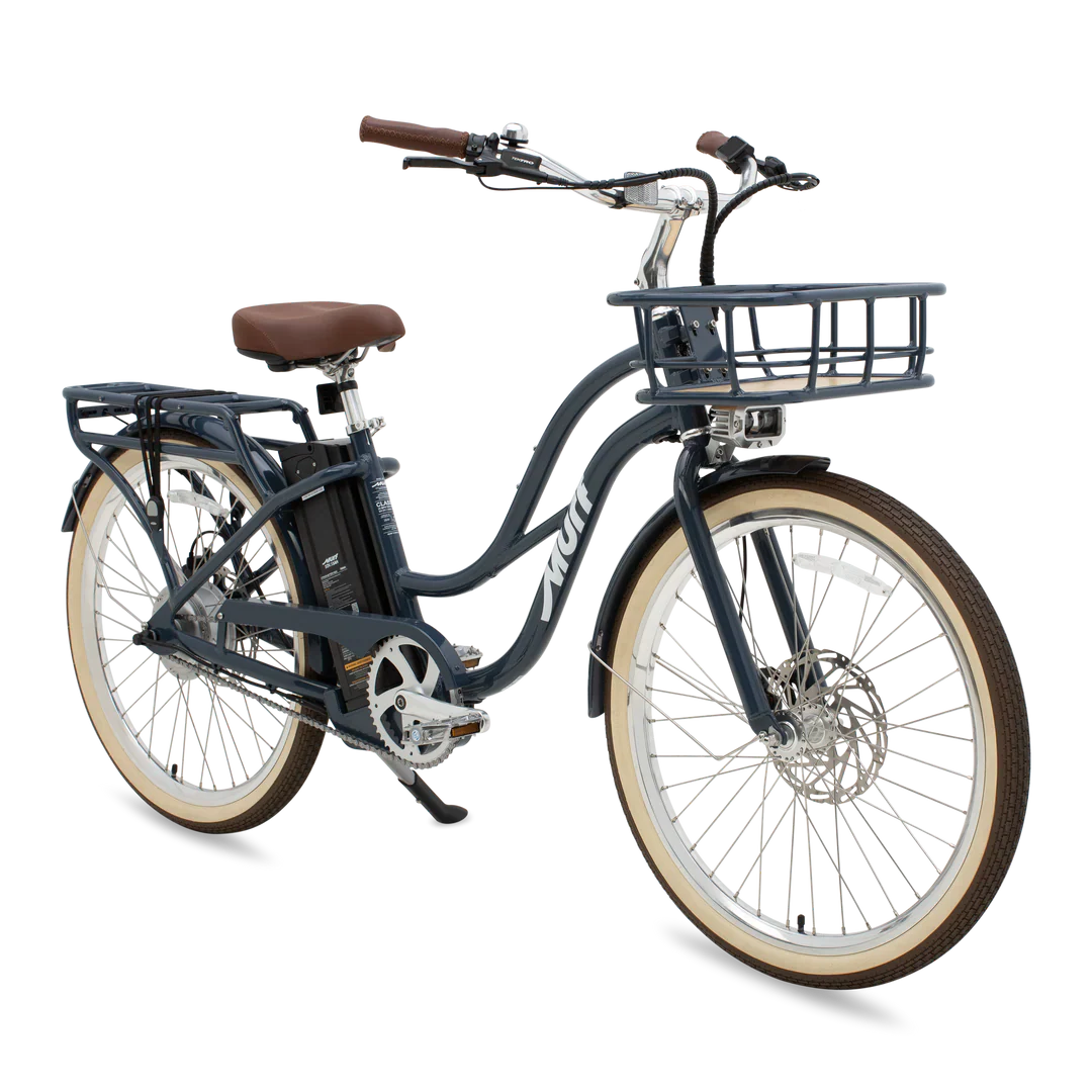 Side view of the eBike Murf Gigi 2.0 in a neutral setting, showcasing its step-through frame, wide tires, and modern design.