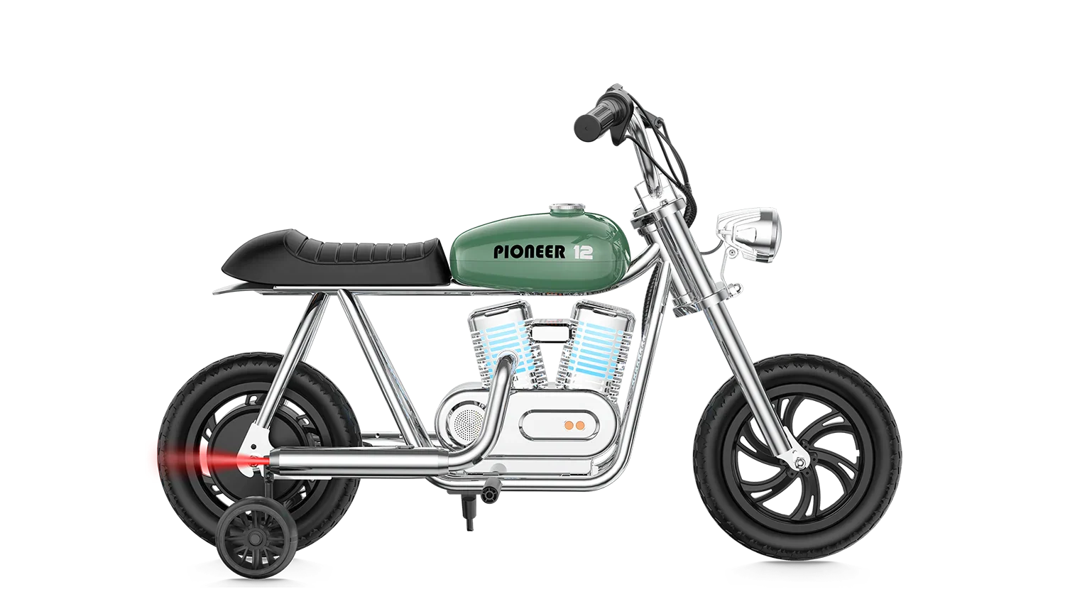 Green eMOTO Hyper Gogo Pioneer 12 Plus electric bike with training wheels, 10-inch tires, and app connectivity, side view.