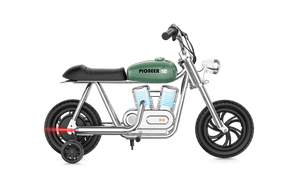 Green eMOTO Hyper Gogo Pioneer 12 Plus electric bike with training wheels, 10-inch tires, and app connectivity, side view.