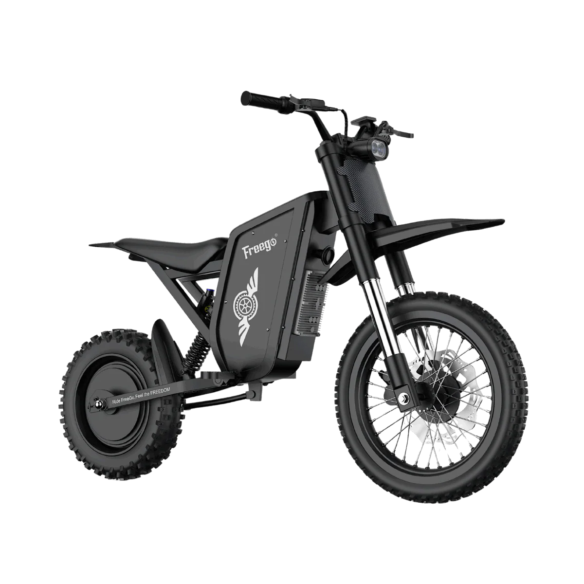 Side view of the eMOTO Freego X0 Electric Mini scooter in black, showing its compact frame, wide tires, and minimalist design against a plain background.