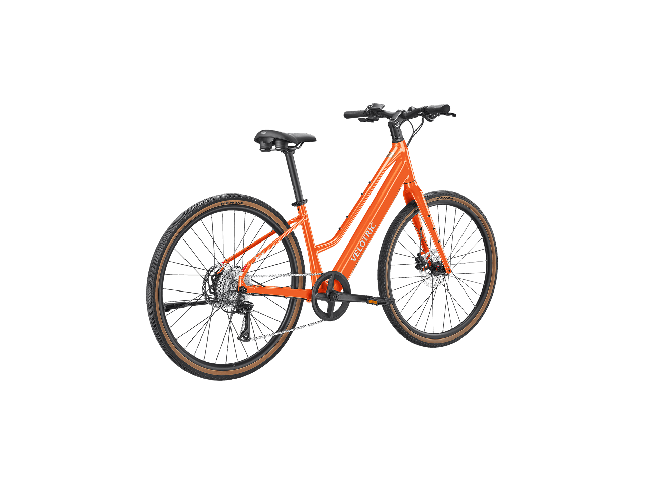 Velotric Tempo Mid Step eBike in Sunset Tangerine color, side view, product image
