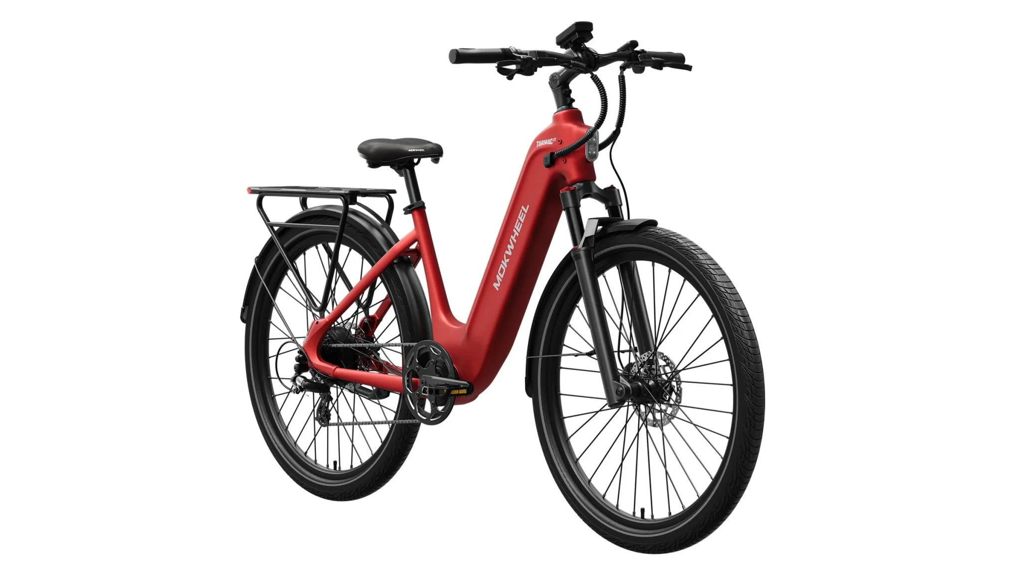 Crimson red Mokwheel Tarmac ST eBike, side view, showcasing frame design and features.
