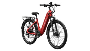 Crimson red Mokwheel Tarmac ST eBike, side view, showcasing frame design and features.