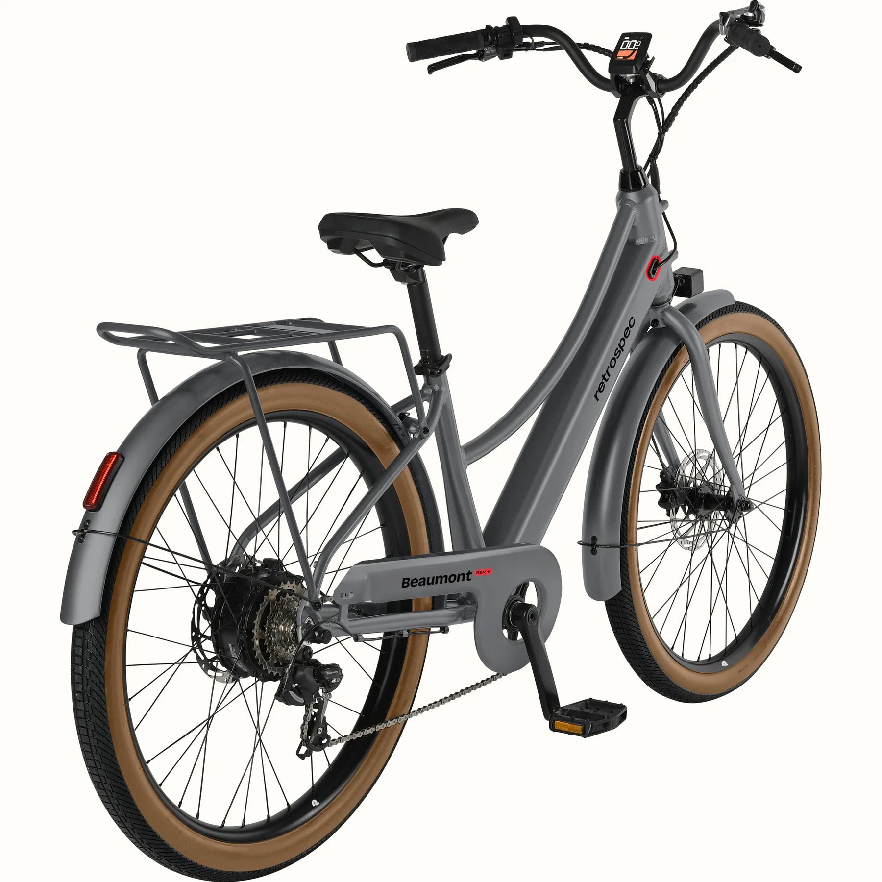 Retrospec Beaumont Rev 3 Plus eBike in matte graphite, side view, showcasing frame, wheels, and battery