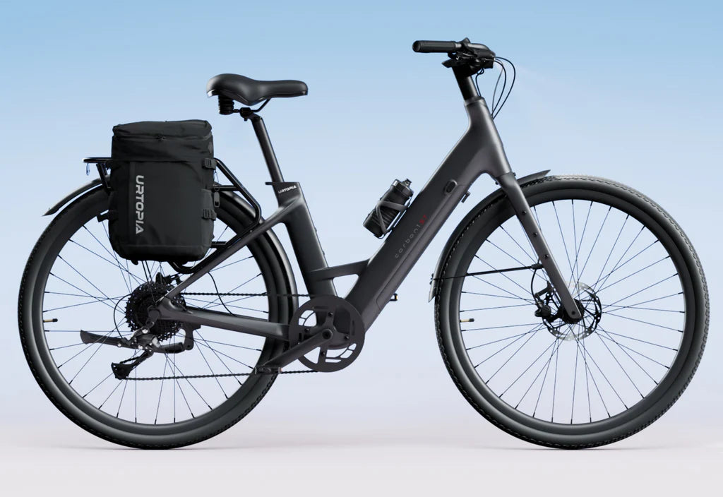 Matte black Urtopia Carbon 1 Step Thru eBike side view, showcasing lightweight carbon frame and step-through design.