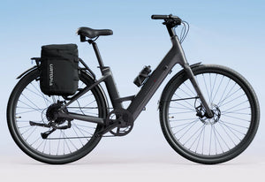 Matte black Urtopia Carbon 1 Step Thru eBike side view, showcasing lightweight carbon frame and step-through design.
