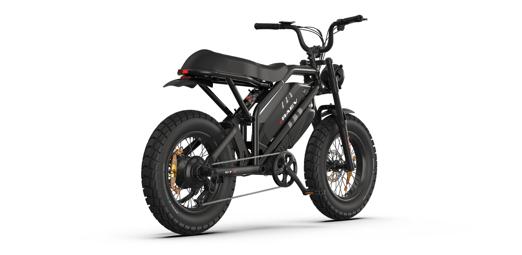 Side view of the eMOTO RAEV Bullet GTX electric bike, showcasing its moto-style frame, dual suspension, and 1500W motor, set against a neutral background.