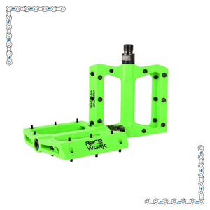 Electric green eBike pedals with a bright, vibrant finish designed for electric bikes, product model 7513855.