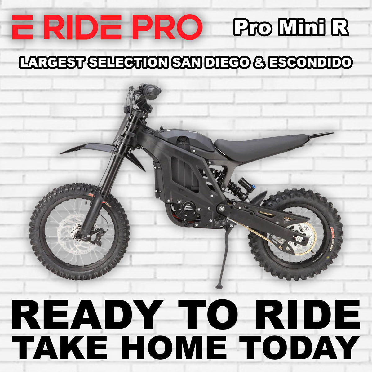 Black eMOTO eRide Pro Mini R electric dirt bike, side view, on white background