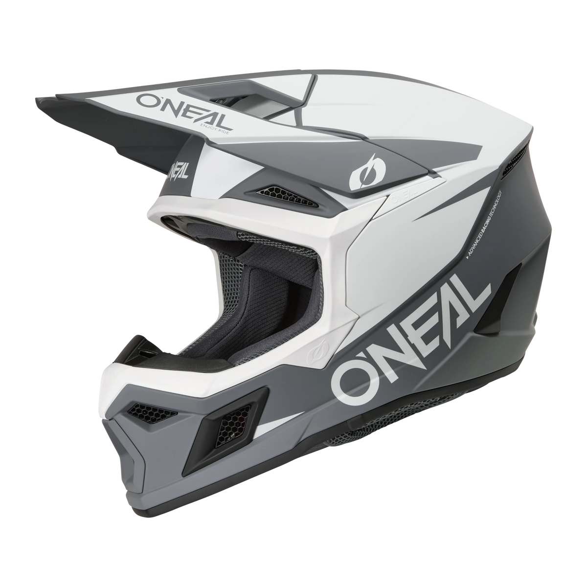 O'Neal 3 SRS eMOTO helmet in large size, black and cement color, front and side view