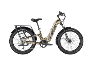 Velotric Nomad 2X Step-Thru eBike in multi-terrain camo color, side view, displayed on a white background
