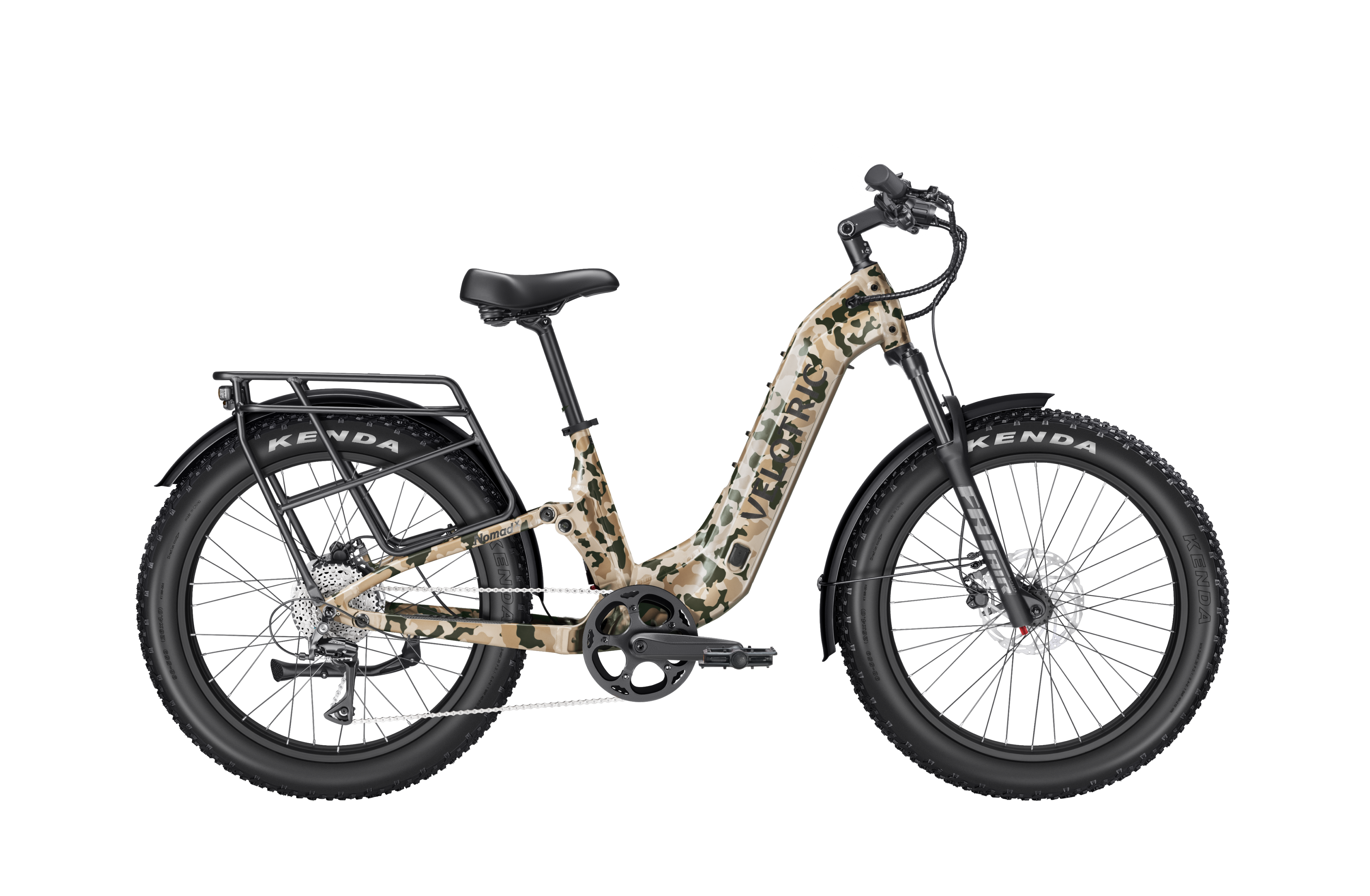 Velotric Nomad 2X Step-Thru eBike in multi-terrain camo color, side view, displayed on a white background