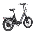 Velotric Fold 1 Plus eBike in Stone Gray, side view, folded for compact storage