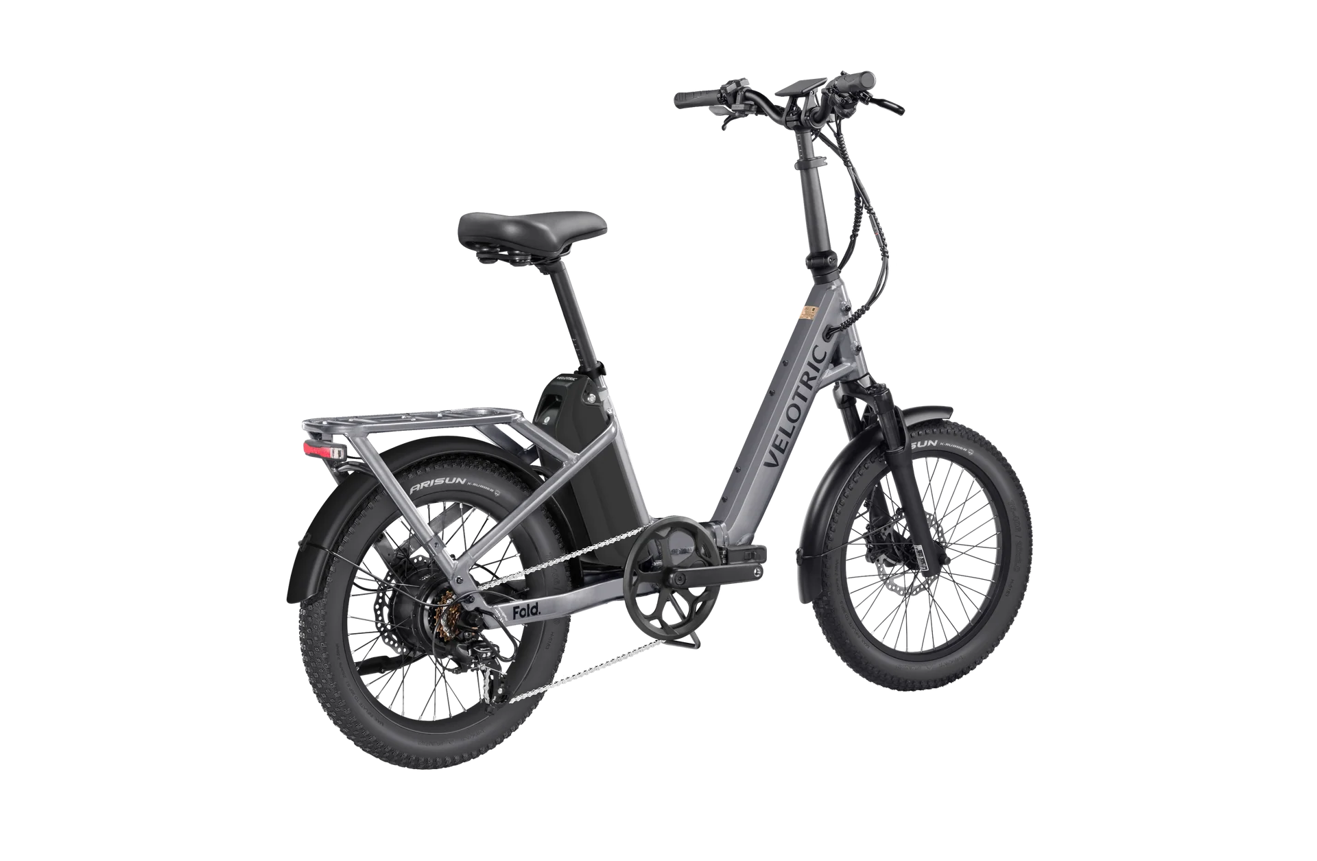 Velotric Fold 1 Plus eBike in Stone Gray, side view, folded for compact storage