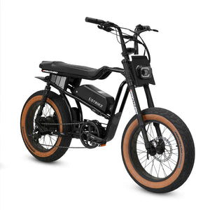 A black eMOTO eBike Strike Panthro electric bicycle shown from the side, highlighting its sleek frame, thick tires, and modern design.