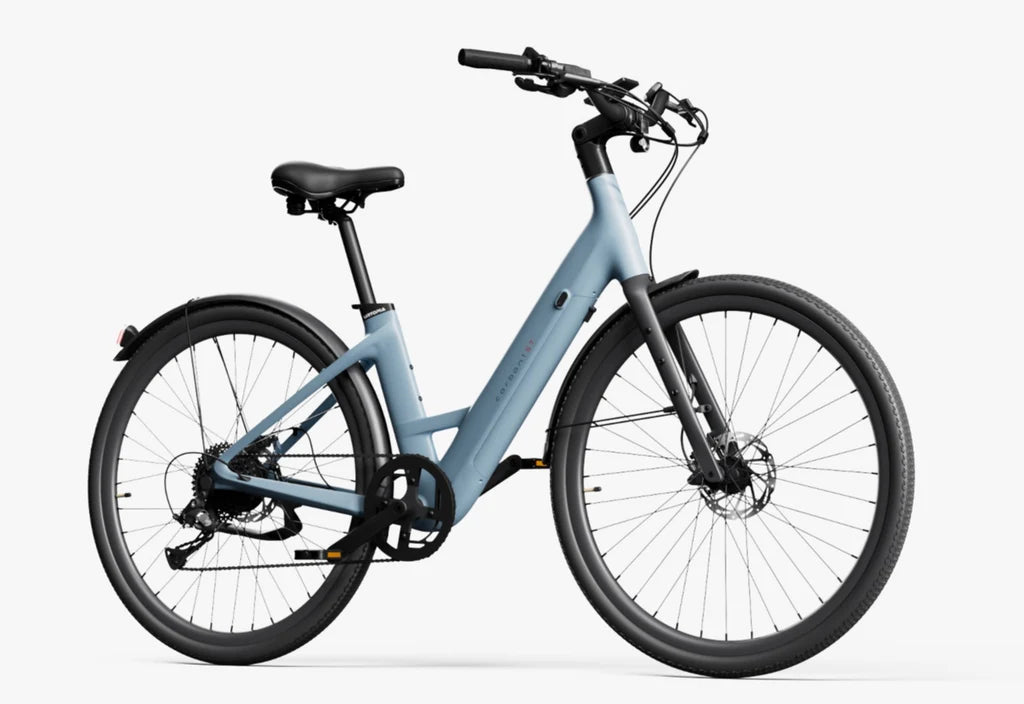Side view of the Urtopia Carbon Classic Step Thru eBike in Glacier Blue, showcasing its lightweight carbon frame, step-through design, and sleek modern styling.