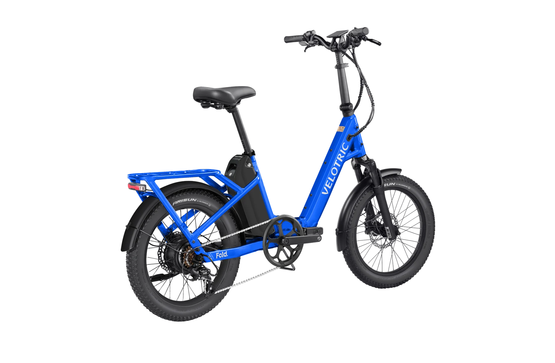 Electric blue Velotric Fold 1 Plus eBike, folded, side view, against a white background