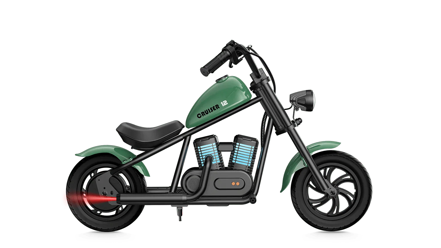 Green eMOTO Hyper Gogo Cruiser 12 Plus electric bike shown with and without training wheels, product model 203103.