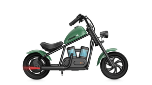 Green eMOTO Hyper Gogo Cruiser 12 Plus electric bike shown with and without training wheels, product model 203103.
