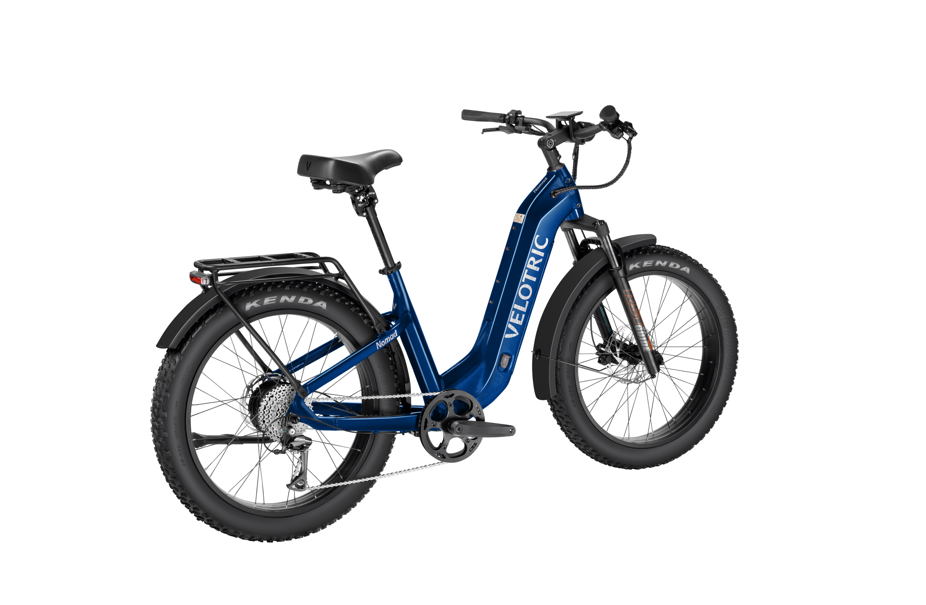 Velotric Nomad 2 eBike in Midnight Blue, step-thru frame, side view, against a white background