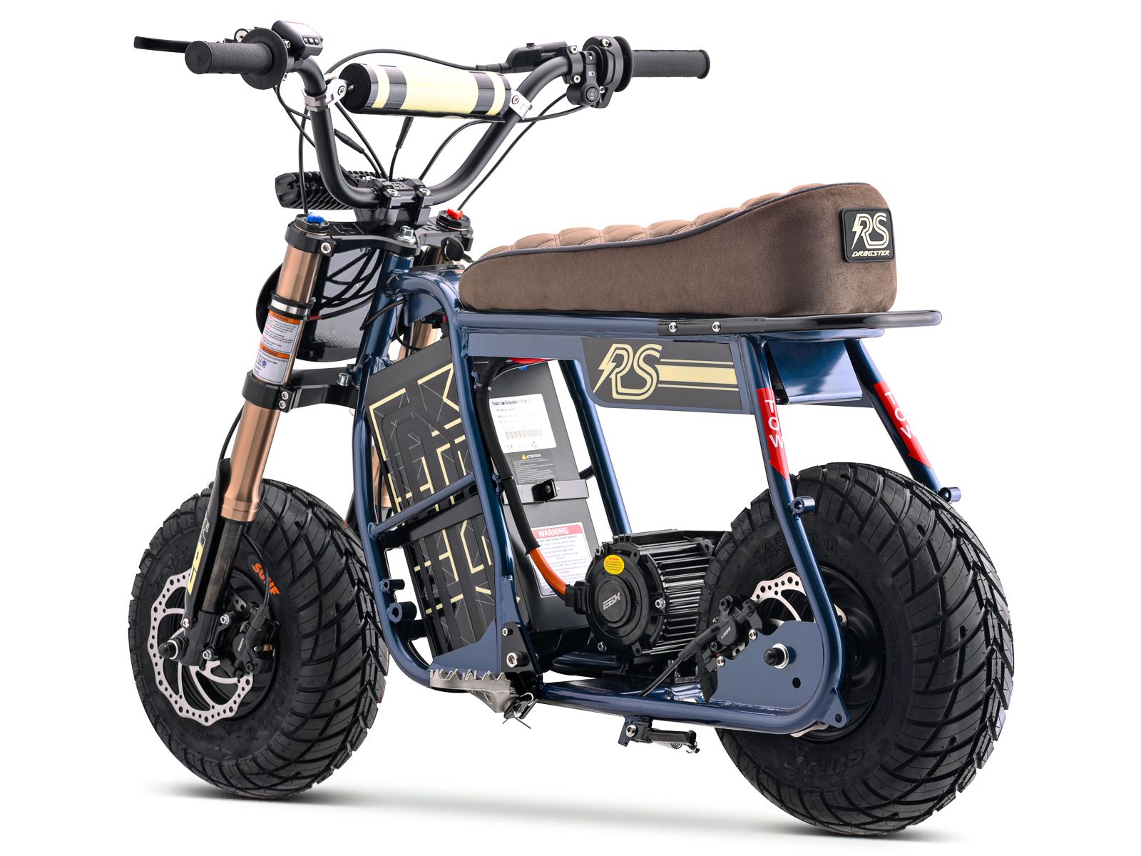 eMOTO Stomp Ebox Dragster RS electric dirt bike, side view, black and green color scheme, product image