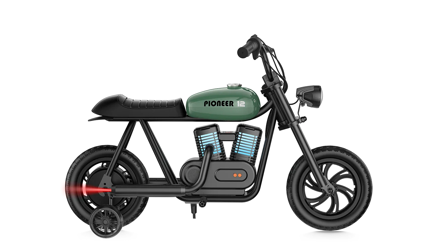 Green eMOTO Hyper Gogo Pioneer 12 Plus electric bike with training wheels, side view