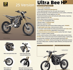 2025 Surron Ultra Bee 21kW electric dirt bike in black and yellow, side view, displayed for pre-order with expected arrival at the end of May