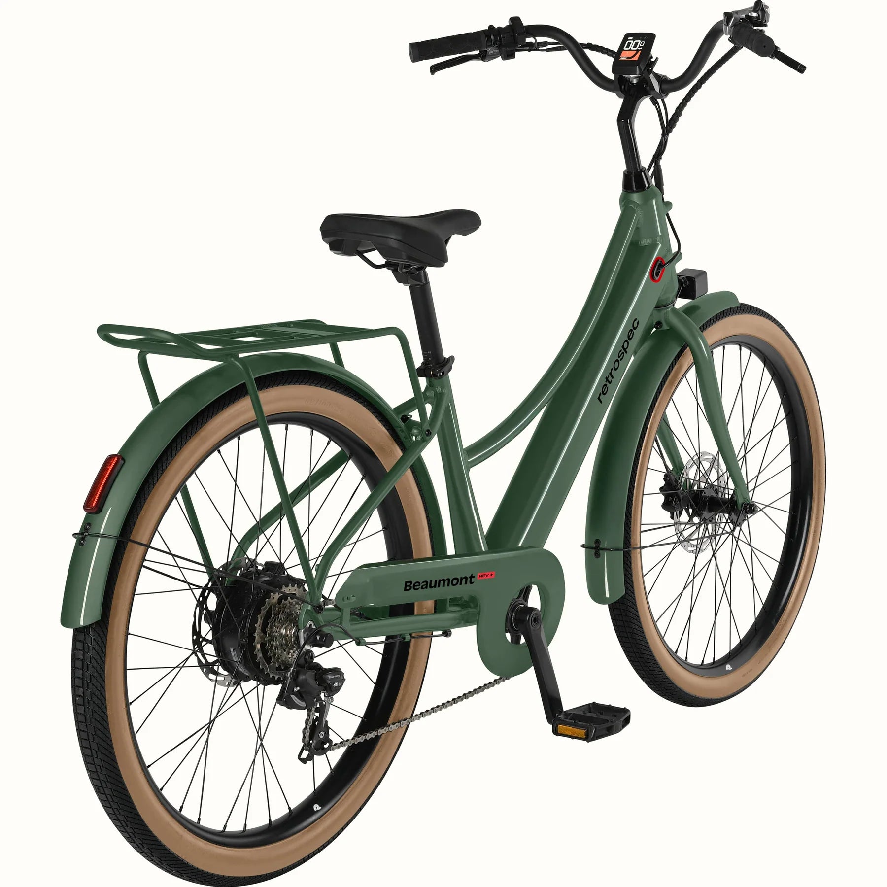 Retrospec Beaumont Rev 3 Plus eBike in Fern color, side view, featuring step-through frame, rear rack, and front basket