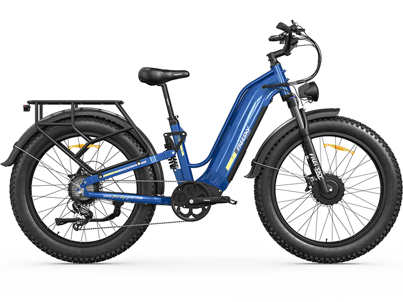 Blue Freesky Ranger Air M-540 electric bike, side view, against a white background