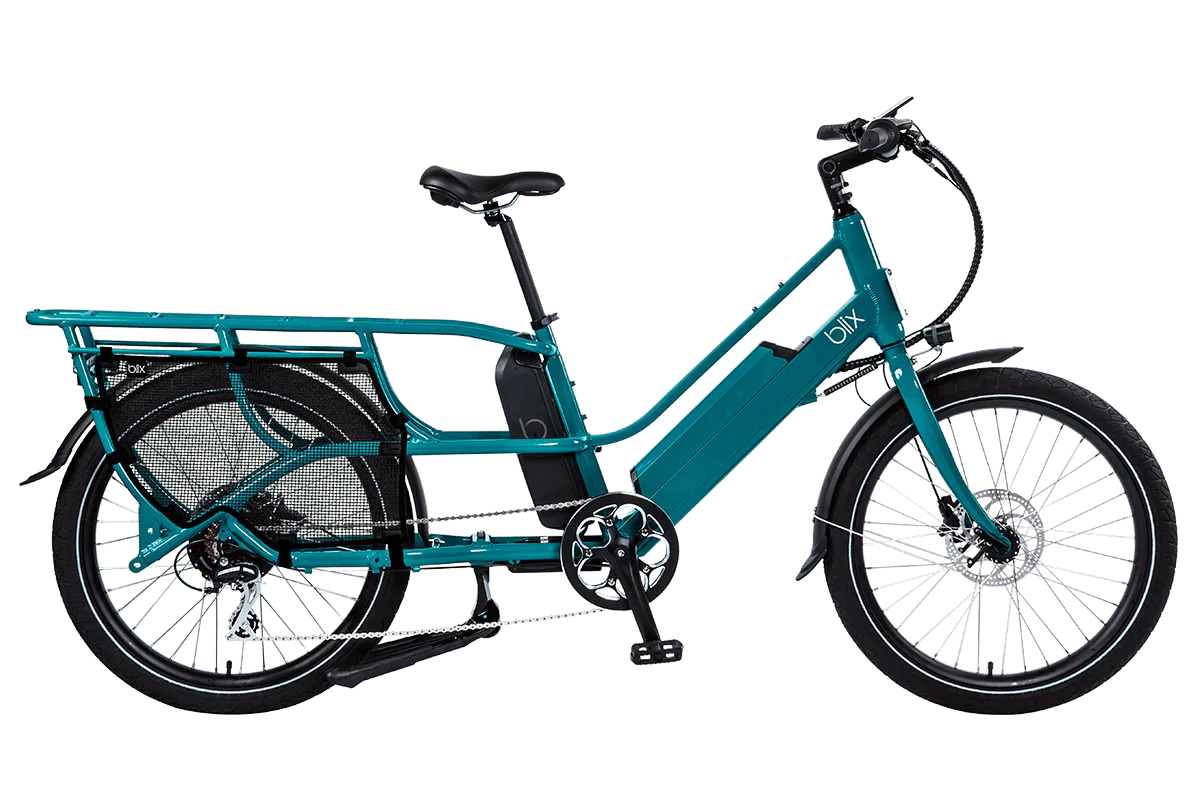 Teal Blix Packa Genie Step-Thru electric cargo eBike with 750W motor, shown from the side with cargo rack attached