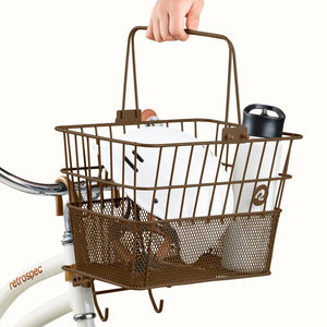 Brown Retrospec Apollo steel eBike basket attached to a bicycle, product image, side view