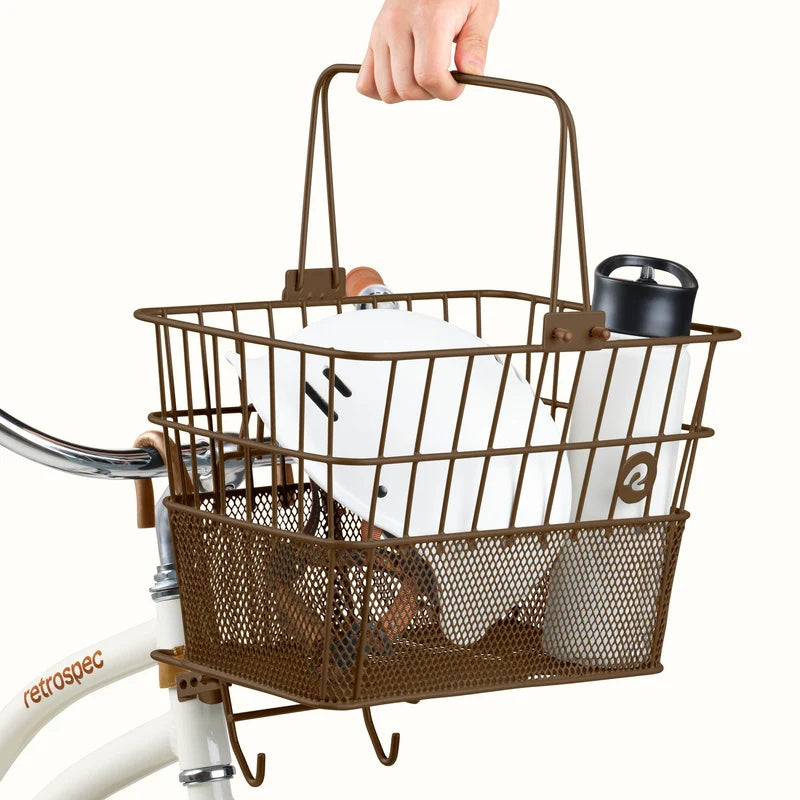 Brown Retrospec Apollo steel eBike basket attached to a bicycle, product image, side view