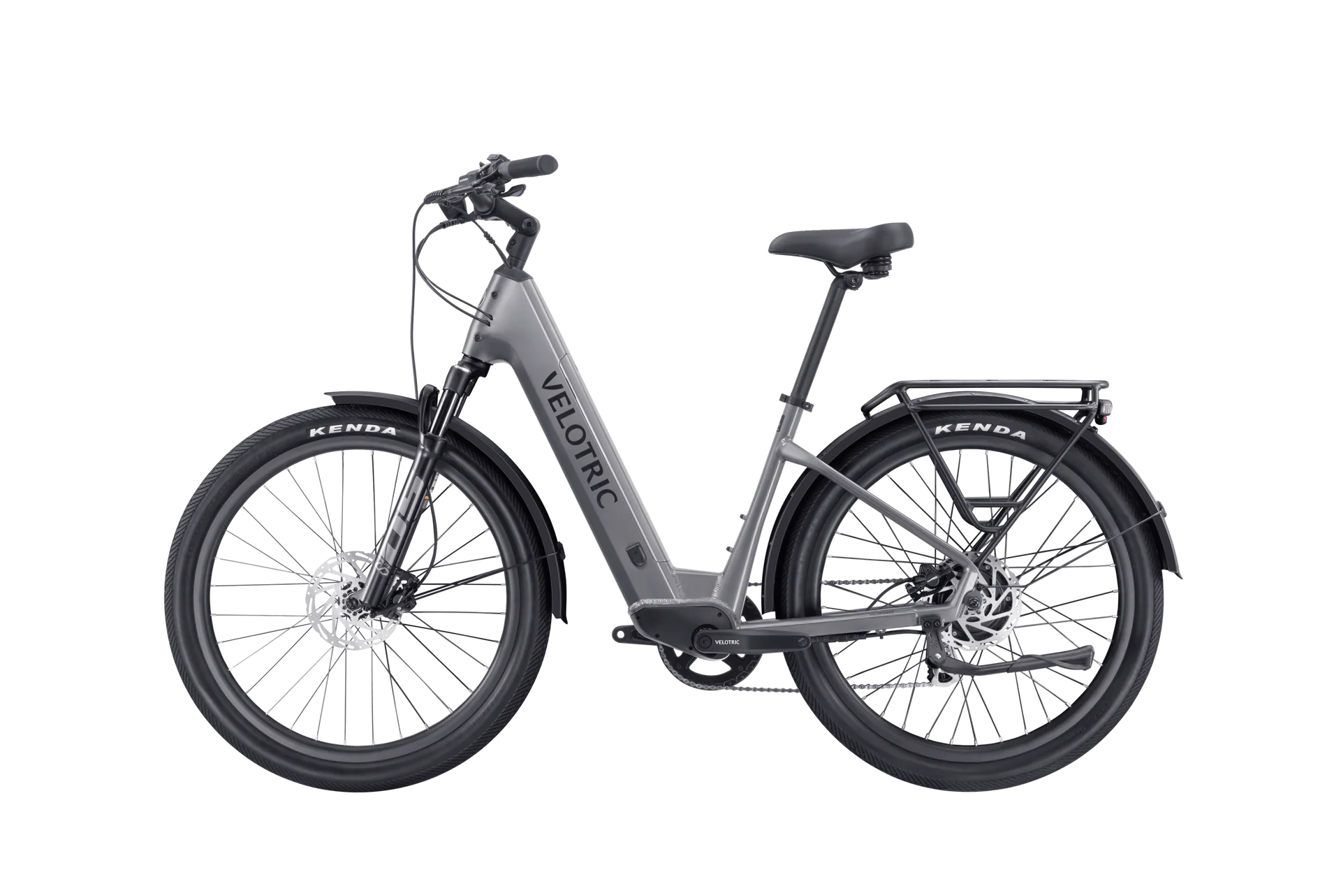 Velotric Discover 2 electric bike in Stone Gray, side view, against a plain background