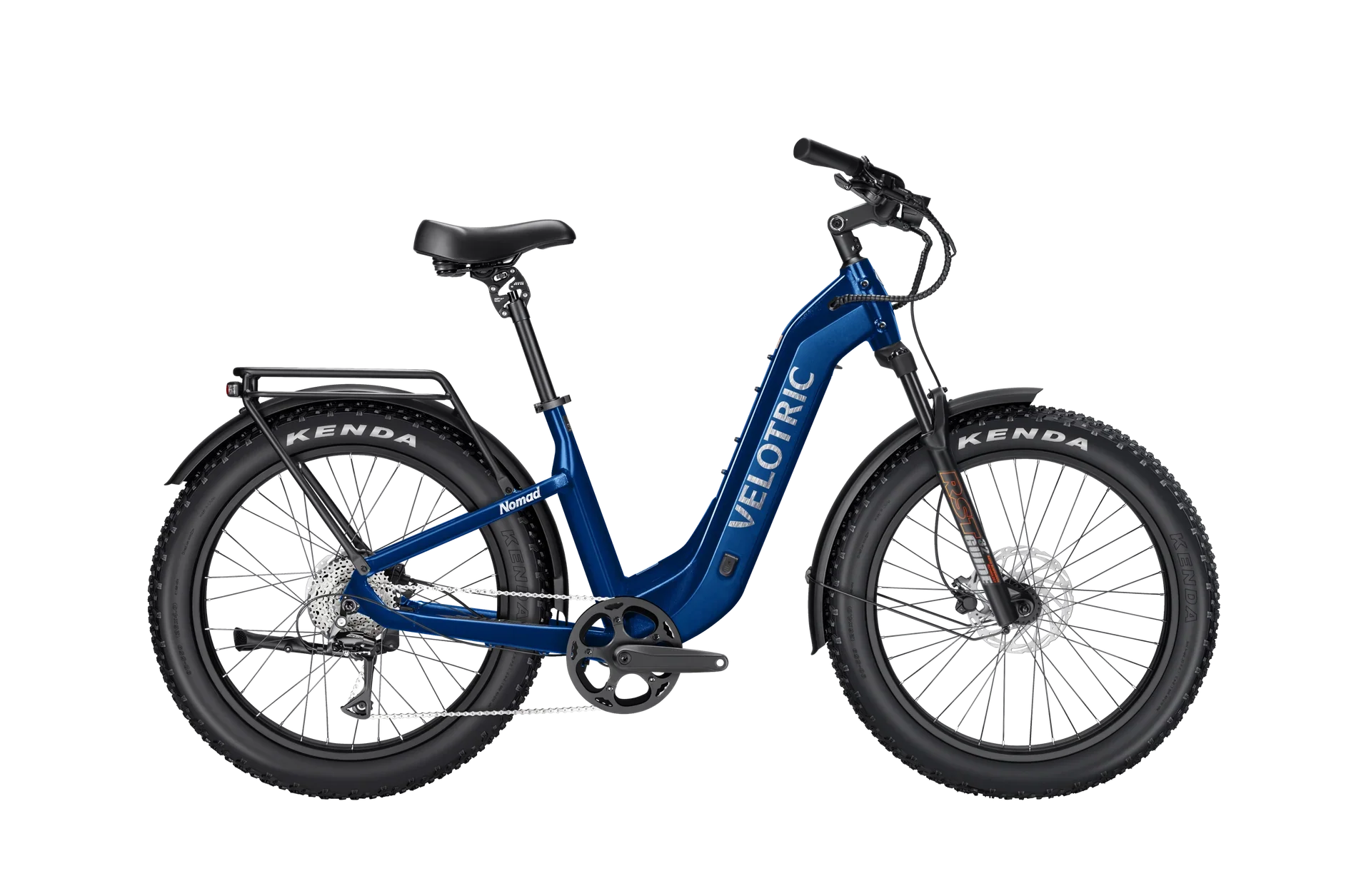 Velotric Nomad 2 eBike in Midnight Blue, step-thru frame, regular large size, side view
