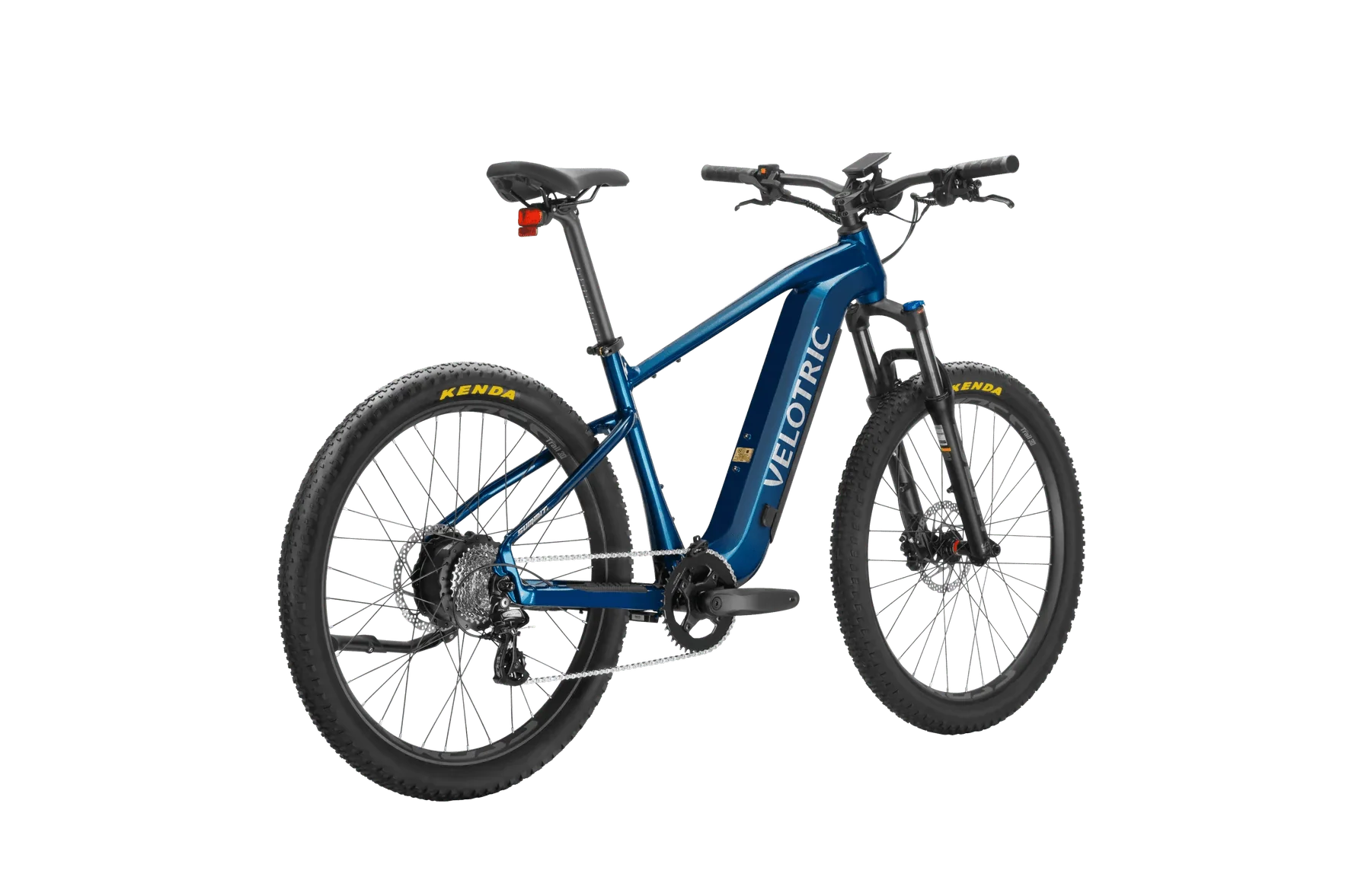 A black Velotric Summit 1 electric mountain bike with front suspension, thick all-terrain tires, and a sturdy frame, displayed on a white background.