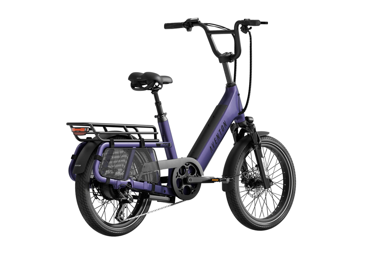 Aventon Abound SR electric cargo bike in Haze color, side view, with rear cargo rack and step-through frame