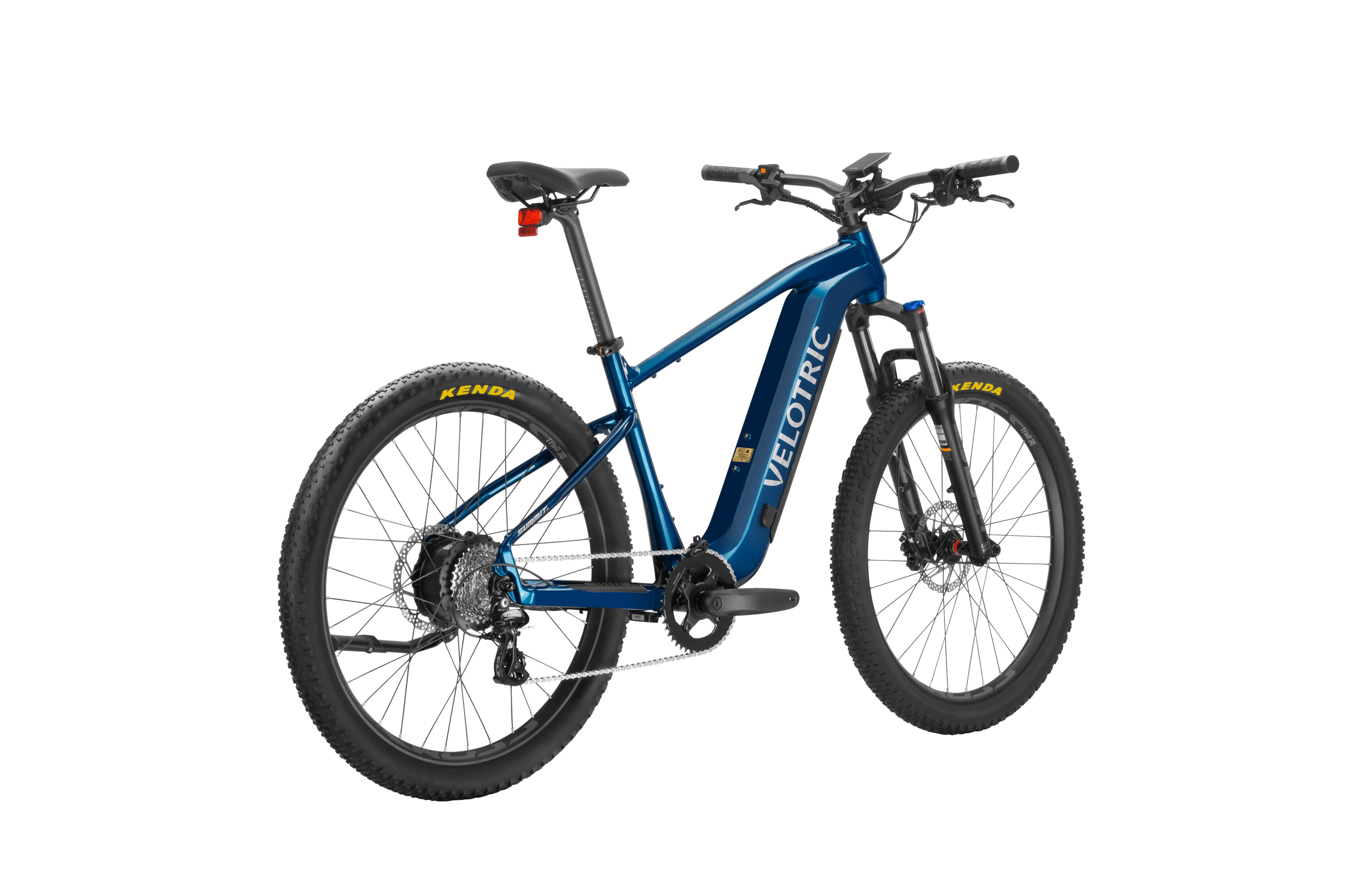Royal blue Velotric Summit 1 eBike side view, showcasing frame design, wheels, and handlebars against a plain background.