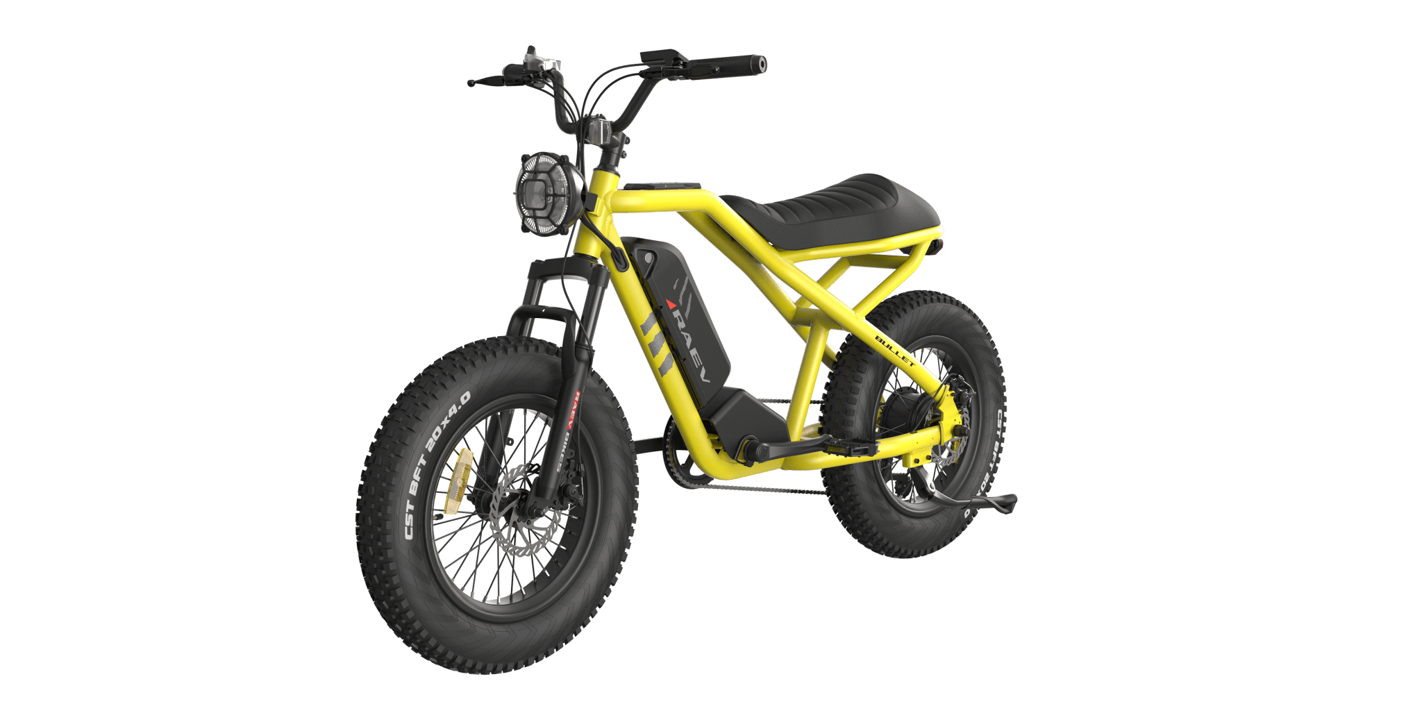 Side view of the eMOTO RAEV Bullet V2 Electric e-Moto Style eBike-Moto 500W Electric Pit Bike in black, showcasing its rugged frame, thick tires, and minimalist design against a plain background.
