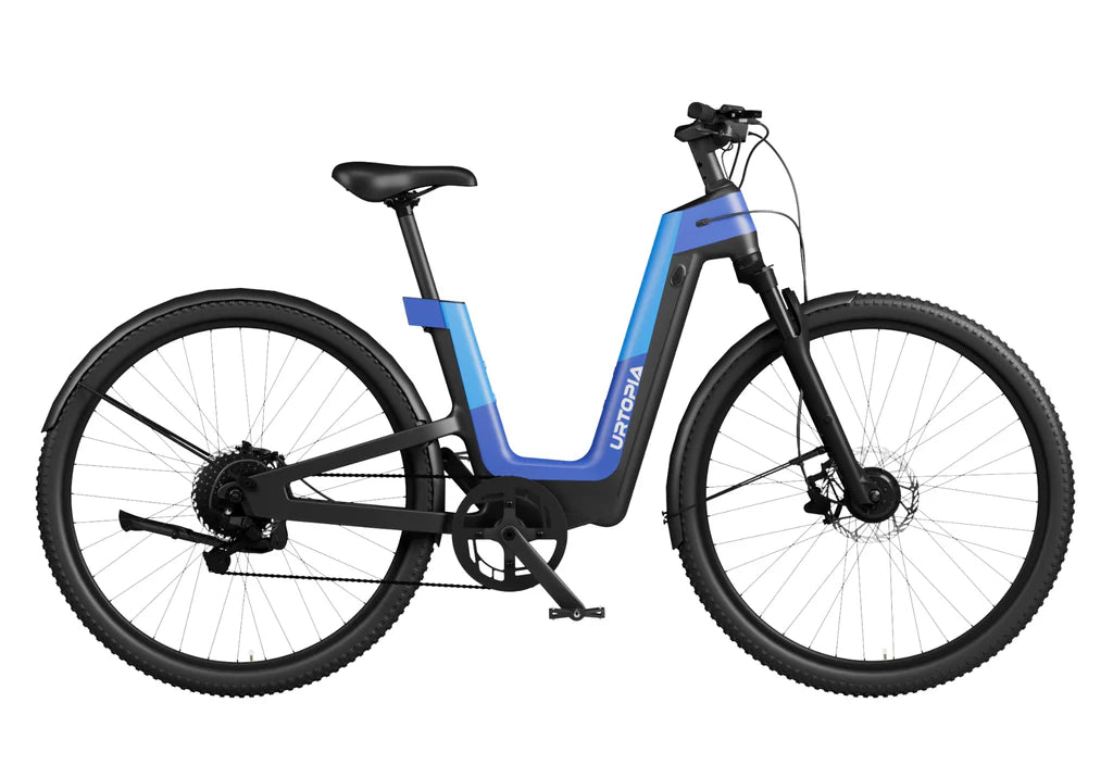 Urtopia Fusion GT eBike in Deep Sea Blue, side view, displayed against a white background.