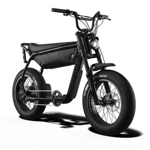 Side view of the eMOTO eBike Super73 B1G SE in a showroom, showcasing its black frame, thick tires, and minimalist design.