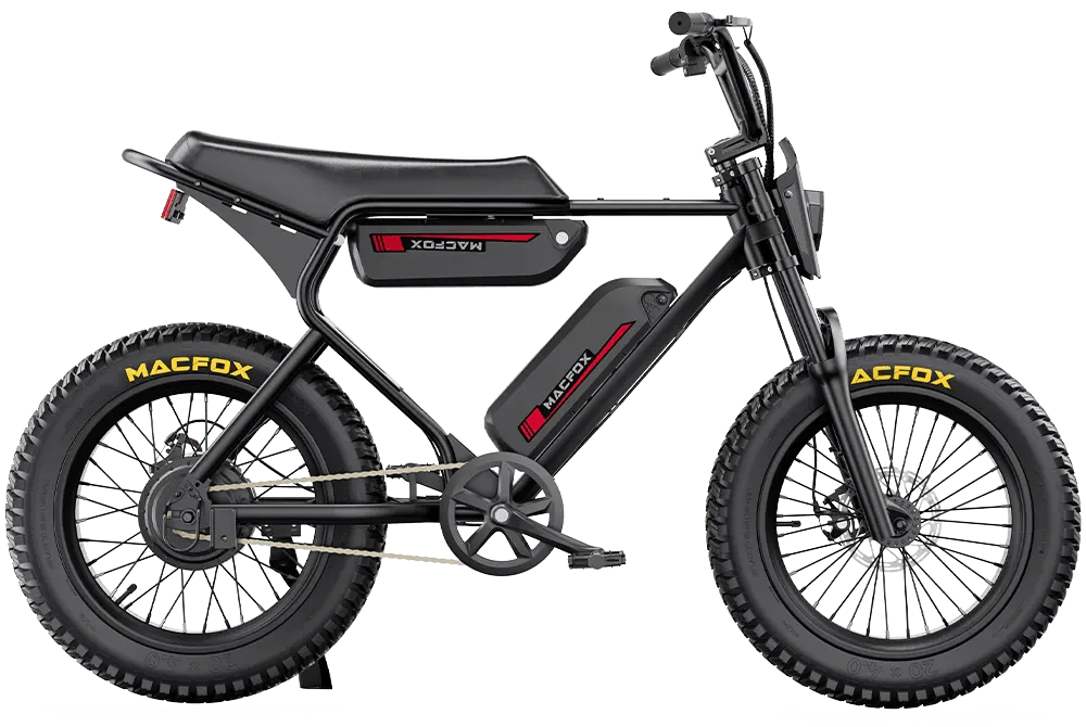 MACFOX X1S Commuter Electric e-Moto Style Step Over eBike with 500W motor and mini fat tires, shown in side profile.
