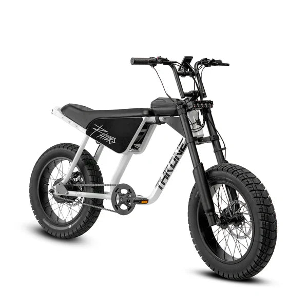 Side view of the eMOTO eBike Strike Rhino electric bicycle in black, showcasing its sturdy frame, thick tires, and battery pack.