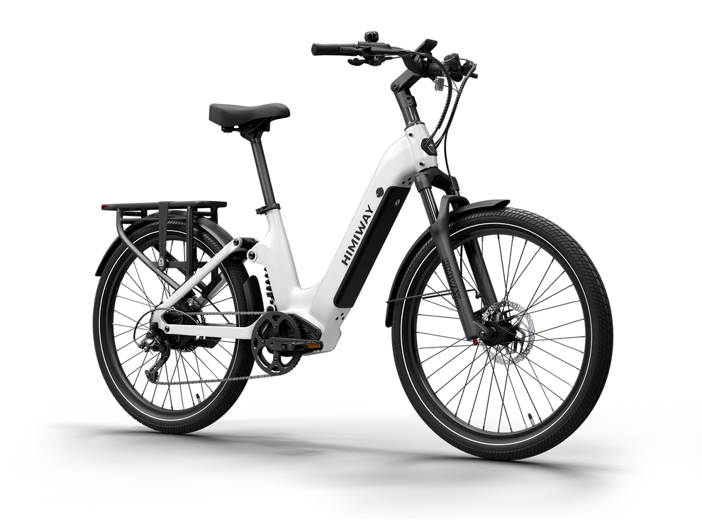 White Himiway A7 electric bike, side view, showcasing frame, wheels, and battery.