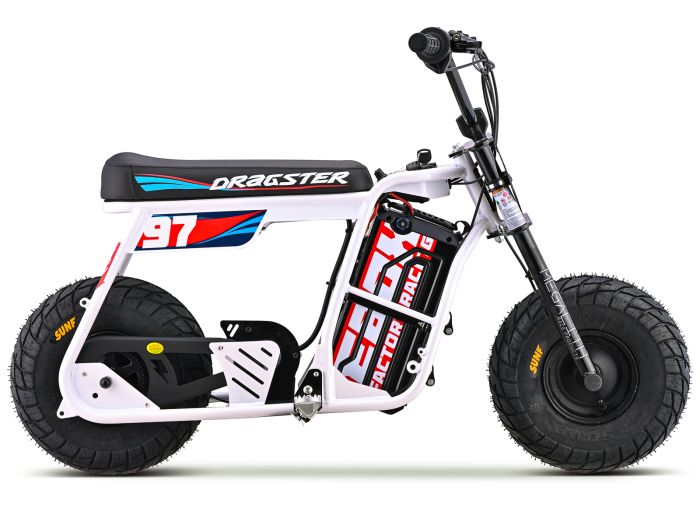 White eMOTO EBOX Dragster electric dirt bike, side view, on a plain background.