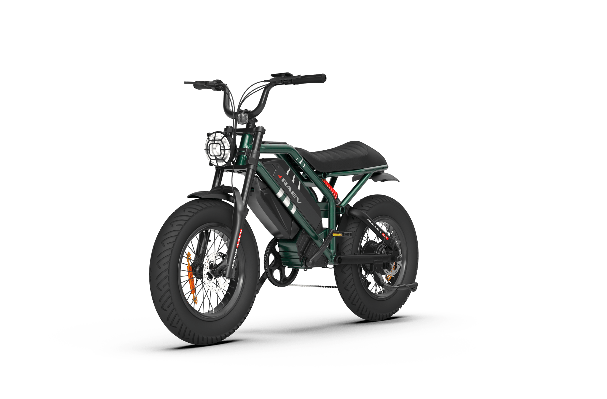 A black eMOTO RAEV Bullet GT V2 electric e-moto style eBike with a 1000W motor, shown in a side profile view, featuring a sporty design and thick tires.