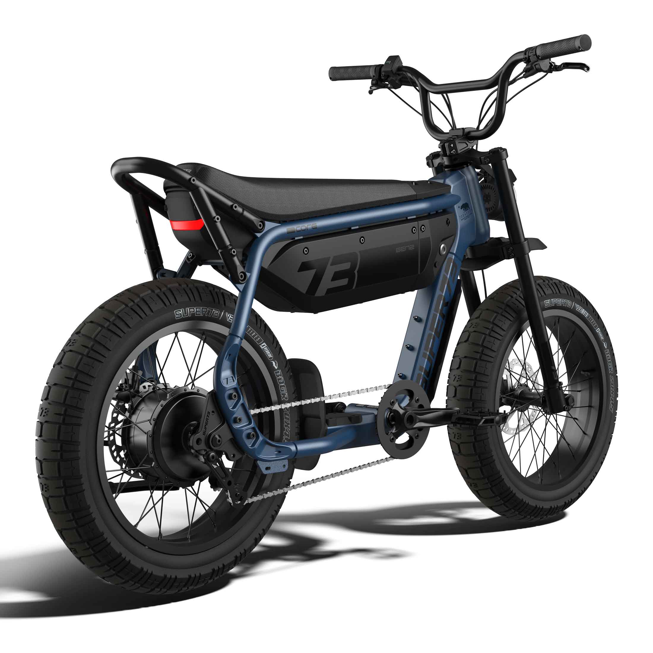 Super73 M1D Core eBike in Slate color shown inside its original packaging box, with accessories and components neatly arranged.