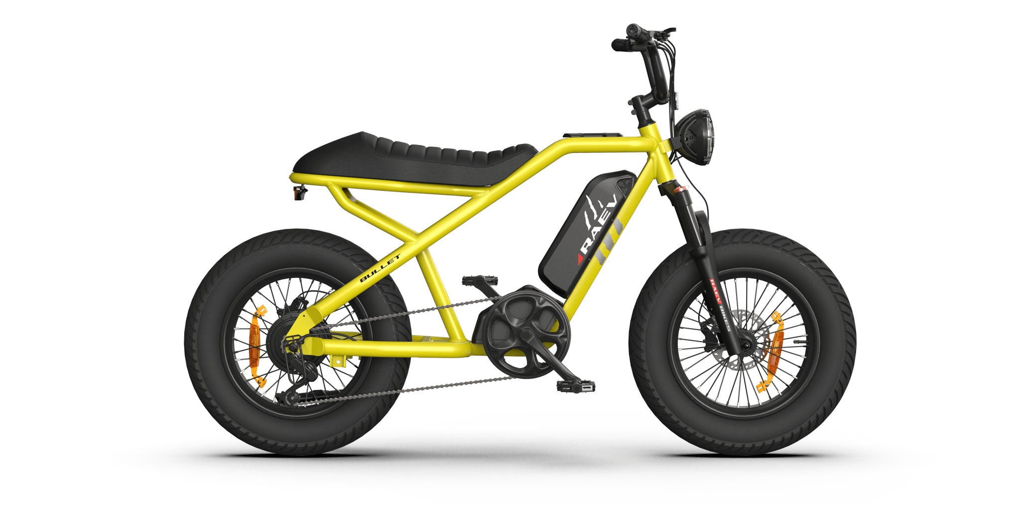 eMOTO RAEV Bullet V2 electric e-moto style eBike-Moto 500W electric pit bike, side view, black frame with rugged tires and minimalist design